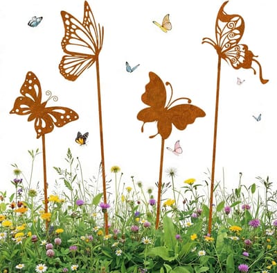 Tuinsteker Vlinder - Roest decoratie - Tuin versieren - Weerbestendig metaal - 4 stuks - Roestkleurig