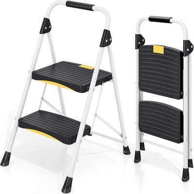 Famanu - Trapladder met 2 treden, inklapbaar, hoge draagkracht, antislip pedalen en leuning, wit