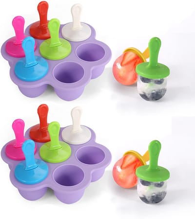 2-stuks siliconen ijsvormpjes - IJsvormpjes - Baby-ijsvormpjes - Met stokjes - Vriezerbak - IJsmaker - IJsvormpje - Mini-ijsvormpjes - Voedseldoos met 7 vakken - Lollymaker - Met stokjes - Lichtpaars