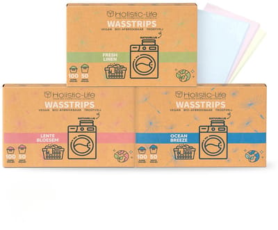 Hollistic Life Wasmiddel Wasstrips Fresh Linen. Lentebloesem & Ocean Breeze Proefpakket - 3x 100 Wasbeurten - Incl. Wasverzachter - Zero Waste Wasmiddeldoekjes - Vegan Wasvellen - Detergent Sheets