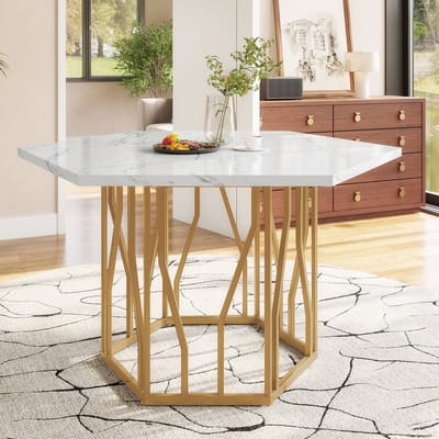 DESMIU Salontafel - Hexagonaal Design Met Marmerlook En Goudkleurig Onderstel - Voor Woonkamer En Eetkamer - MDF En Staal - Wit Goud - 115,5x100 Cm