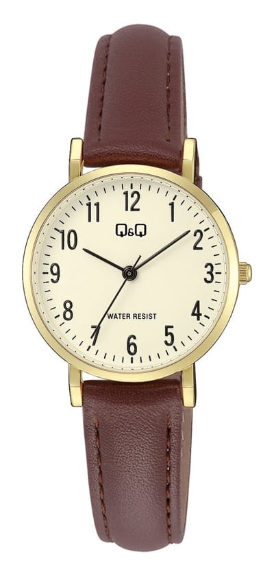 Q&Q C66A-001PY - Horloge - Polshorloge - Analoog - Dames - Vrouwen - Leren band - Rond - Metaal - Cijfers - DonkerBruin - Goudkleurig
