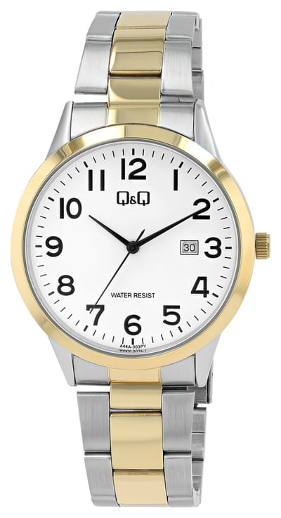 Q&Q-herenhorloge-model a44a-003-goud/zilverkleurig-bicolor-datum-diameter 40 mm-3 atm waterdicht-duidelijke wijzerplaat