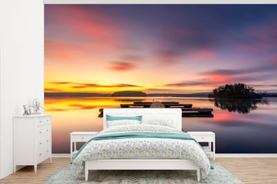 Behang - Fotobehang Steiger - Zonsondergang - Water - Zee - Reflectie - Breedte 375 cm x hoogte 240 cm
