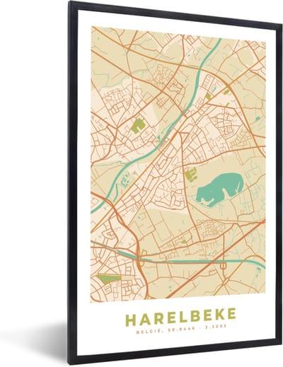 Fotolijst incl. Poster - Retro - Kaart - Plattegrond - Harelbeke - Stadskaart - 40x60 cm - Posterlijst