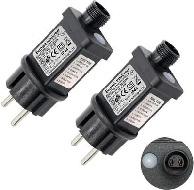 2 stuks 31 V 6 W EU stekker 8 modi lichtketting voeding adapter met timer, geheugenfunctie, IP44 stekker waterdichte transformator voor kerstverlichting lichtnet lichtketting