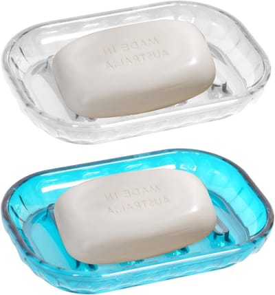 Set van 2 Antislip Zeepdispenser van Kunststof, Ideaal voor Badkamer, Keuken en Douche, Eenvoudig Schoon te Maken, Voorkomt Zacht Zeepverlies, Lichtblauw en Doorzichtig