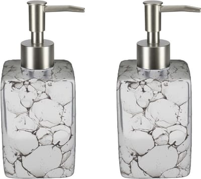 Items Zeeppompje/dispenser - 2x - wit - marmerlook - 330 ml - navulbaar - keuken/toilet/badkamer