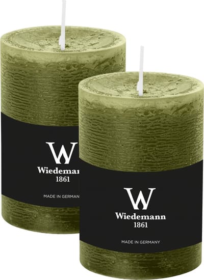 Wiedemann Cilinderkaars/stompkaars - 2x - rustieke kaars - olijfgroen - 7 x 10 cm - 43 branduren