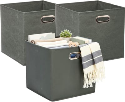 5Five Opbergmandjes - 3x - groengrijs - stof - inhoud 29 liter - 31 x 31 x 31 cm - Kast opberg box