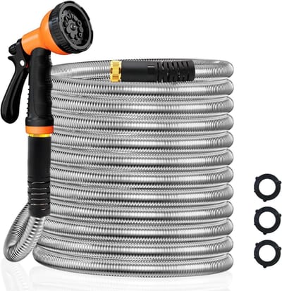 Tuinslang Roestvrijstaal - Metalen waterslang - Flexibel water geven - Knikvrij en duurzaam - 25FT - Oranje