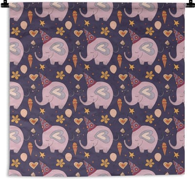 Wandkleed - Wanddoek - Verjaardag - Olifant - Bloemen - Patronen - 180x180 cm - Wandtapijt