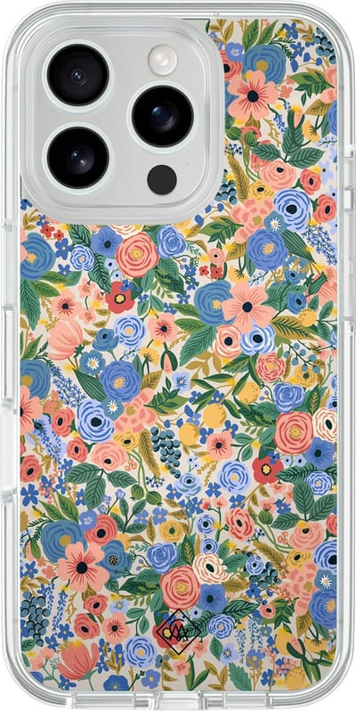 Casimoda® hoesje - Geschikt voor iPhone 16 Pro - Blue Gardens - 2-in-1 case - Schokbestendig - Bloemen - Verhoogde randen - Blauw, Transparant