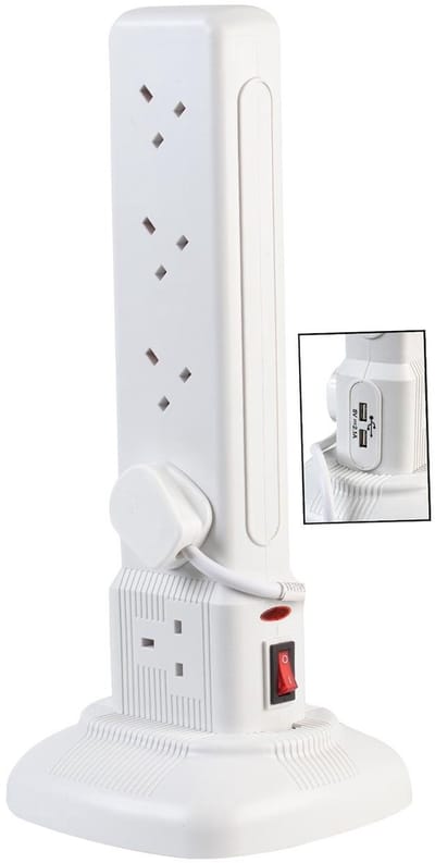 Toren Stekkerdoos - Verlengsnoer met USB - Apparaten Laden - 10 Stopcontacten - 2 Meter - Wit