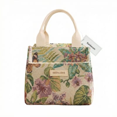 Rainbecom - Koeltassen Lunchtas 5,5L Geïsoleerd - Lunch tas Dames & Heren - 22x13.5x19.5 cm Lunchbag voor Werk & School - Koeltas Waterafstotend Polyester - Grote Opening met Rits - Beige Tropische Print