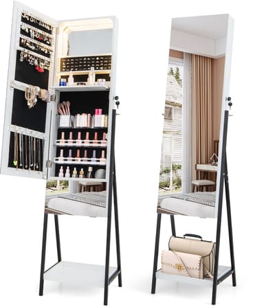 COSTWAY Sieradenkast met spiegel, spiegelkast, afsluitbaar met 3 gekleurde ledverlichting, laden en plank, sieradenorganizer, vrijstaand voor slaapkamer, woonkamer