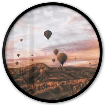 Poster in lijst Rond - Fotolijst 40x40 cm - Posters - Landschap - Luchtballon - Bergen - Bruin - Ronde posterlijst zwart - Decoratie - Wanddecoratie woonkamer - Muurdecoratie slaapkamer