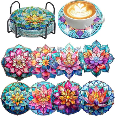 Onderzetters met houder voor diamond painting, 8 stuks, boho-diamond painting voor volwassenen en beginners, mokkenonderzetters, mandala, knutselideeën, diamond coasters voor creatieve ontspanning