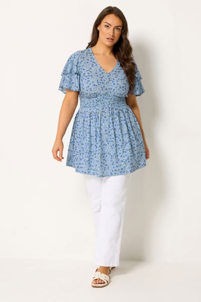 Yours Blauwe Top Met Fijne Bloemenprint En Wijdvallende Mouwen Size 42