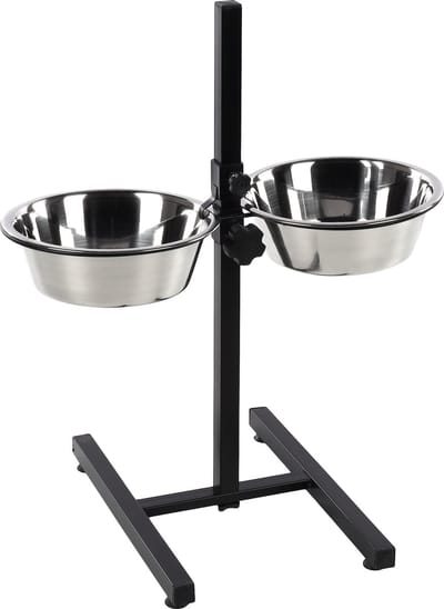 Voerbak hond – Duo Dinner Staander Otis Zilver & Zwart 2x2,5L – verstelbare eet- en drinkpot met inox kommen