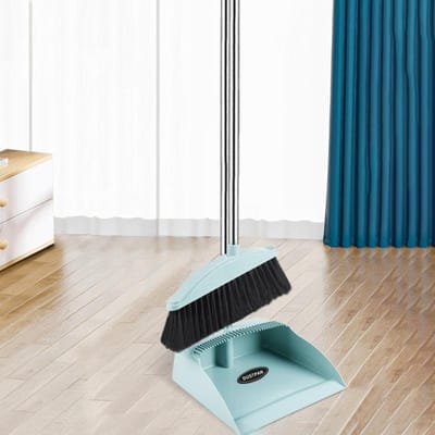 Balai debout pliable domestique avec dents, ensemble de pelle à poussière en plastique à poils souples vert