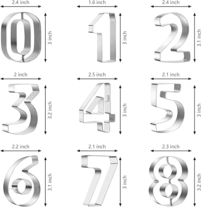9-delige koekjesvorm met grote cijfers - Roestvrij staal - Vorm voor gebak - Vorm voor het persen van desserts - 8-2,5 cm - Voor thuisbakken, taarten en koekjes vormen - Zilver