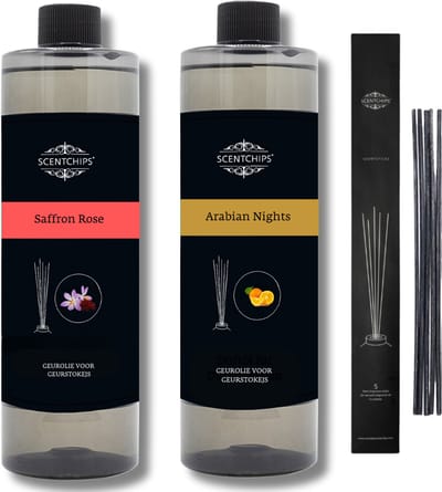 Navulling saffron rose + arabian nights + geurstokjes - Geurstokjes Navulling Set van 2 + 5 Geurstokjes - Geurverspreider - Luchtverfrisser - Huisparfum - 400ml x 2