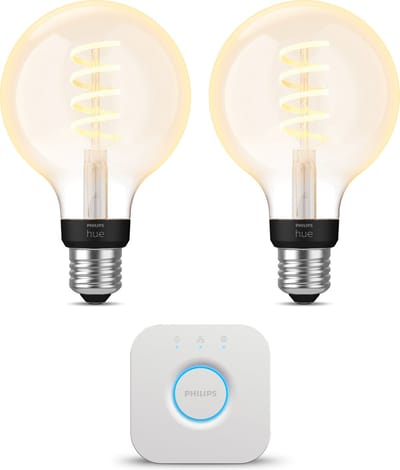 Philips Hue Starterspakket - E27 - met 2 Filament Globelampen Klein (G93) - Warm tot Koelwit Licht - Incl. 1 Hue Bridge - Hue White Ambiance Filament