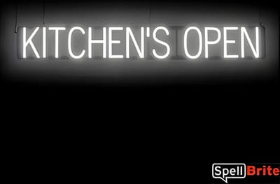 KITCHEN'S OPEN - Lichtreclame Neon LED bord verlicht | SpellBrite | 118 x 16 cm | 6 Dimstanden - 8 Lichtanimaties | Reclamebord neon verlichting