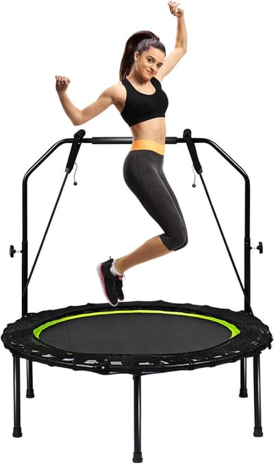 Fitnesstrampoline - Mini trampoline - Thuis sporten - Inklapbaar met handgreep - 102 cm diameter - Zwart en groen