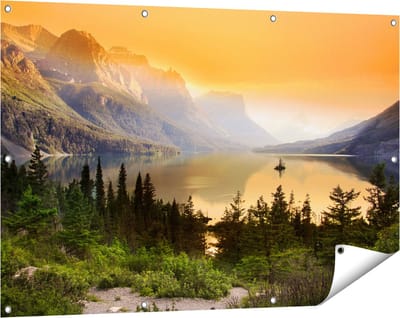 Gards Tuinposter Bergen met een Meer in Nationaal Park Glacier - 120x80 cm - Tuindoek - Tuindecoratie - Wanddecoratie buiten - Tuinschilderij