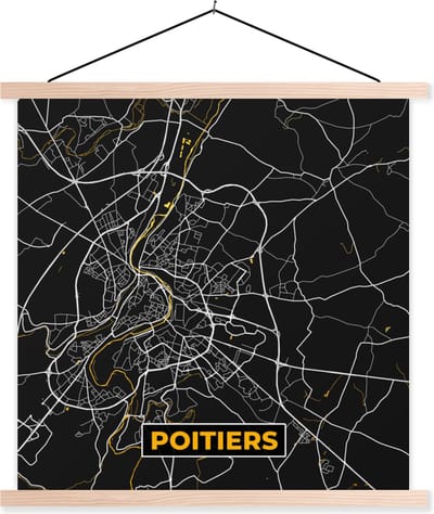 Posterhanger incl. Poster 40x40 cm - Schoolplaat - Stadskaart - Plattegrond - Poitiers - Frankrijk - Kaart - Textielposter - Blanke latten - Stadskaart