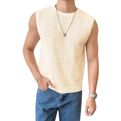 Heren Mouwloze Gebreide Top Heren Zomer Hol Ademend Gebreid Vest voor Dagelijks Gebruik Streetstyle Slim Fit Effen Kleur Mouwloos L abrikoos
