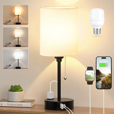 Lzwintrading Tafellamp Slaapkamer - Bureaulamp - Dimbare Bedlampje - Tafellamp met USB A/C Oplaadpoort en Stopcontact - Inclusief LED-lamp - Met Wit Linnen Lampenkap - 3 Verstelbare Helderheden - Tafellampen Woonkamer