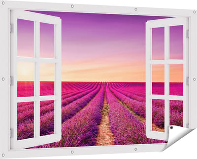 Gards Tuinposter Doorkijk Paarse Lavendel Bloemenveld - 150x100 cm - Tuindoek - Tuindecoratie - Wanddecoratie buiten - Tuinschilderij