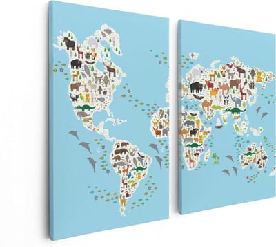 Artaza Canvas Schilderij Tweeluik Wereldkaart Met Dieren  - 80x60 - Foto Op Canvas - Canvas Print
