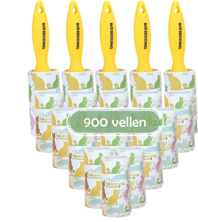 Kleefroller Geel – 900 Vellen | Pluizenroller – Kattenhaar Verwijderaar – Lintroller – Plakroller – Haarroller – Dierenhaar – Voor Hondenharen, Stof en Pluisjes – Kleding Meubels Auto