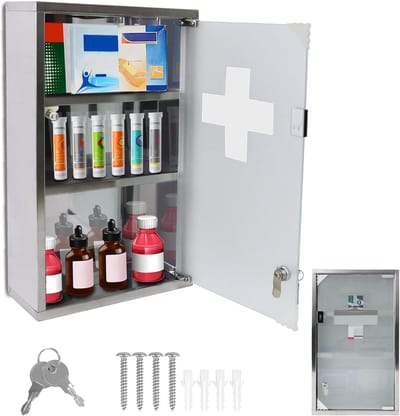 30x12x50cm Rvs Medische Kasten | 3 Vakken Sluitbare Apothekerskast | Inkl. Glazen Deur En 2 Sleutels | Hangende Huisapotheek Doos | Zilveren Wand Medicijnkast | Eerste Hulp Medicijnkast NAIZY