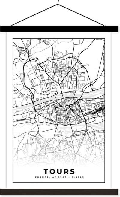 Posterhanger incl. Poster 40x60 cm - Schoolplaat - Stadskaart - Tours - Plattegrond - Kaart - Frankrijk - Zwart wit - Textielposter - Zwarte latten - Stadskaart