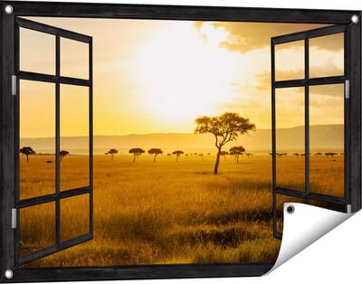 Gards Tuinposter Doorkijk Zonsondergang in de Savanne - 90x60 cm - Tuindoek - Tuindecoratie - Wanddecoratie buiten - Tuinschilderij