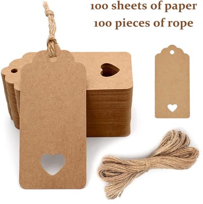 100 vellen etiketten van karton - inclusief 100 stuks touw - Cadeaulabels - 9,5 x 4,5 cm - Hartvormig - Beschrijfbaar - Cadeaulabels van karton - Naamlabels van karton - Blanco prijskaartjes - Cadeaulabels - Multifunctionele labels - Dik en duurzaam