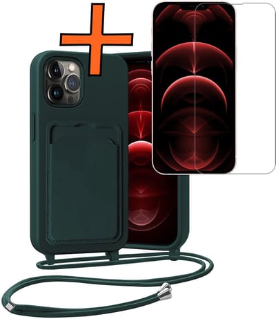 Hoesje Geschikt voor iPhone 13 Pro Hoesje Met Telefoonketting Pasjeshouder Case Met Screenprotector Koord - Hoesje Geschikt voor iPhone 13 Pro Hoes Met Kaarthouder - Donkergroen