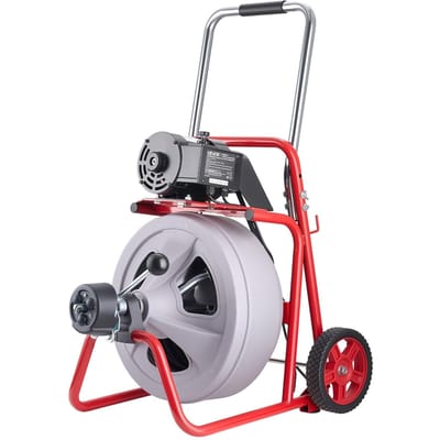 Machine de Curage de Canalisations 22m x 13mm, Serpent d'Égout à Alimentation Automatique, Tarière de Curage sur Roues, Machine de Curage de Canalisations Portable avec 8 Lames et Pédale Activée par l'Air