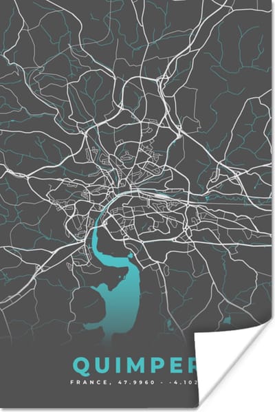 Poster Quimper - Frankrijk - Plattegrond - Kaart - Stadskaart - 120x180 cm XXL