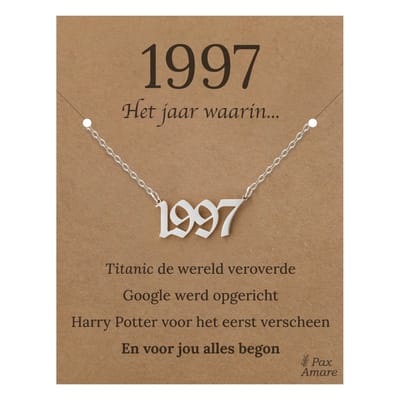 Jaartal 1997 Ketting op Cadeau Kaartje - Zilverkleurig Stainless Steel - 45cm - Met informatie over geboortejaar - Pax Amare