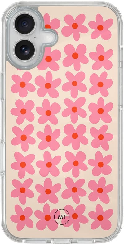 Hybride hoesje geschikt voor iPhone 16 - Retro blooms - Extra bescherming - Luxe beschermhoes - TPU case - Transparant, Roze - Mooie Telefoonhoesjes