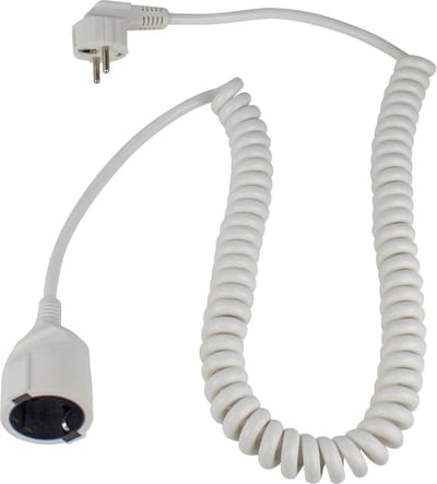 Dehnbares Spiral-Kabel 1m - 25m mit Schutzkontaktwickelstecker & Schutzkontaktkupplung - 230 V 16 A Verlängerungskabel IP20 weiß 70412