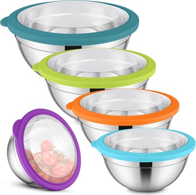 5-delige roerschaalset, roestvrijstalen slakom met transparant luchtdichte deksel, schaalset voor bakken en serveren, 4,5 l/2,7 l/1,5 l/1,2 l/0,7 l, stapelbaar, vaatwasmachinebestendig