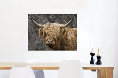 Aluminium schilderij 80x60 cm - Wanddecoratie metaal - Wereldkaart - Dieren - Schotse hooglander - Metalen muurdecoratie woonkamer - Decoratie industrieel - Foto op dibond - Industriële accessoires slaapkamer