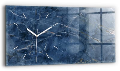 Wallfluent Wandklok - Blauwe marmertextuur Klok met Afbeelding - 60 cm x 30 cm - Blauw Wandklok - Witte Handen - Wandklok Zonder Cijfers - Wandklok voor in de Keuken - Glazen Klok Rechthoekige - Industrieel Wandklok - Unieke Wandklok